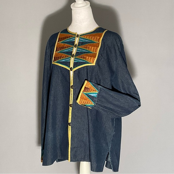 Bob Mackie Med Wearable Art Denim Shirt Inset/Cuffs Colorful Tribal Embroidery - Picture 6 of 16